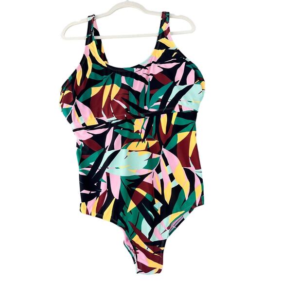 Allure One Piece Swimsuit Swimwear Size 22/24 Multi Color Palm Leaf Side Ring - Picture 1 of 6